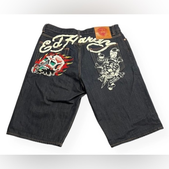Vintage Ed Hardy Mens Denim Shorts 38 Death or Glory Embroidered Skull Bike Dark